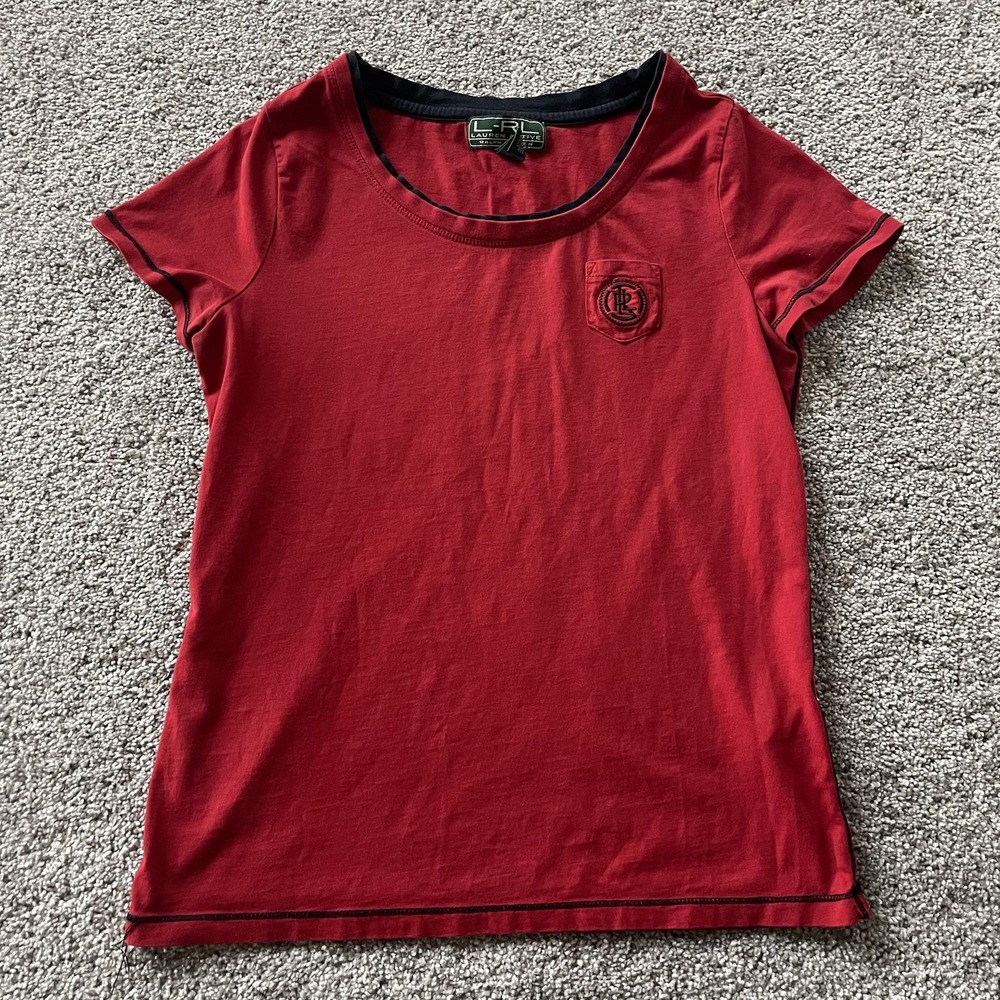 Lauren Ralph Lauren Shirt Womens M Red Ringer Scoop Neck Embroidered Logo Top